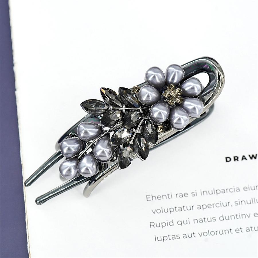 Fashionable Light Luxury High-end Rhinestone Pearl Clip Hairpin Women's Elegant Temperament Glass Black Gray Hairpin Strap