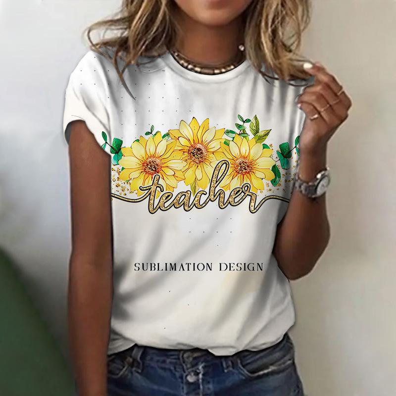 Vară Seria Floarea-soarelui Imprimată Digital 3D Pulover cu Gât Rotund pentru Femei Tricouri Casual Largi pentru Femei