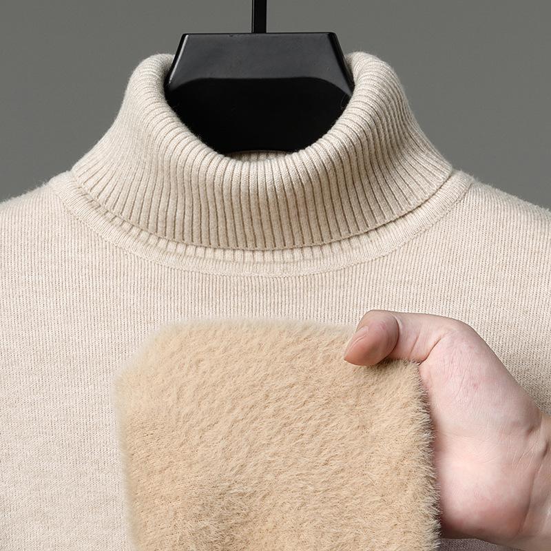 Men's Casual High Neck Knitted Sweater - Velvet Mink, Thickened, Plus Velvet, Basic Style
