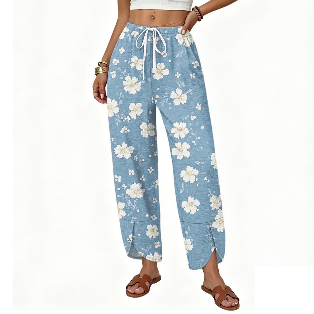 Women’s Casual Loose Straight Wide Leg Drawstring Printed Long Pants Lightweight Relaxed Fit Trousers for Daily Wear