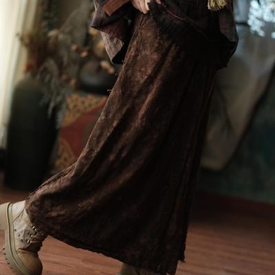 Retro Floral Color Block Cotton Wrap Skirt In Coffee
