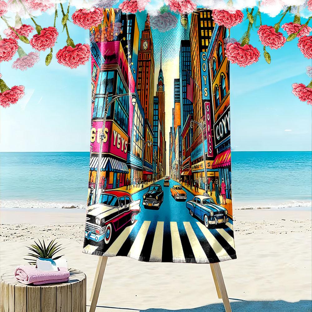 "Vintage Cityscape with Classic Cars" Patterned beach towel quick dry perfect for travel outdoor sports jogging the beach and swimming