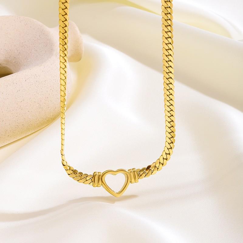 Women's 18K Gold Plated Stainless Steel Sporty Bamboo Chain Heart Zircon Pendant Necklace for Anniversaries