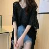Fashion Loose Hollow Out Sexy Knitted Shirt Women Summer V-neck Casual Sunscreen Blouses Female Short Sleeve Tops