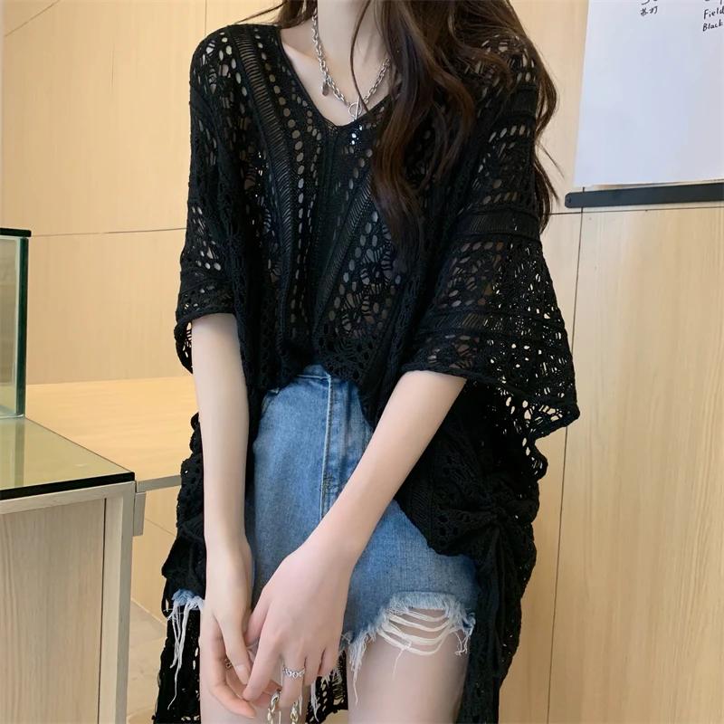 Fashion Loose Hollow Out Sexy Knitted Shirt Women Summer V-neck Casual Sunscreen Blouses Female Short Sleeve Tops