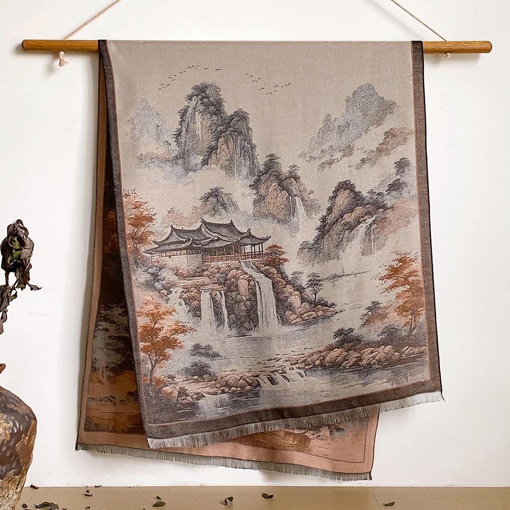 Chinese Style Landscape Painting Women Scarf Soft Warm Pashmina Shawl Winter Outdoor Coldproof Windproof Blanket Scarf