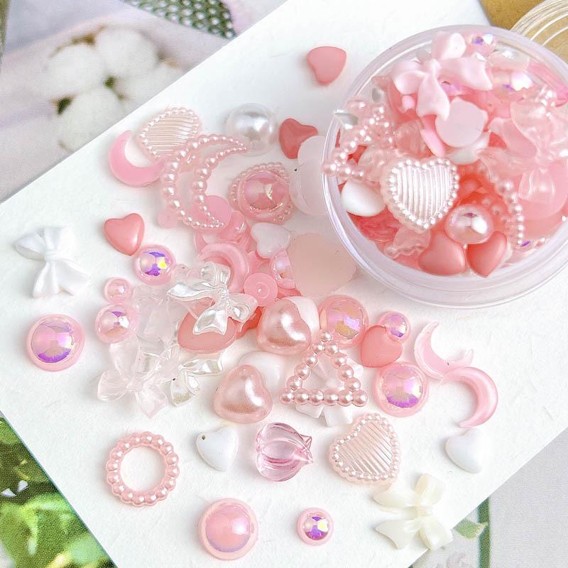 50pcs Barbie Pink Girly Nail Art Accessories: Iridescent Hearts, Bows, Pearl Embellishments, Press-On Nails.