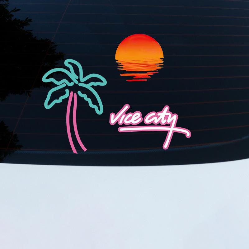 Car Retro Beach Coconut Tree Sunset Car Window Glass Sticker Electric Car Motorcycle Grand Theft Auto Outfit Decorative Stickers