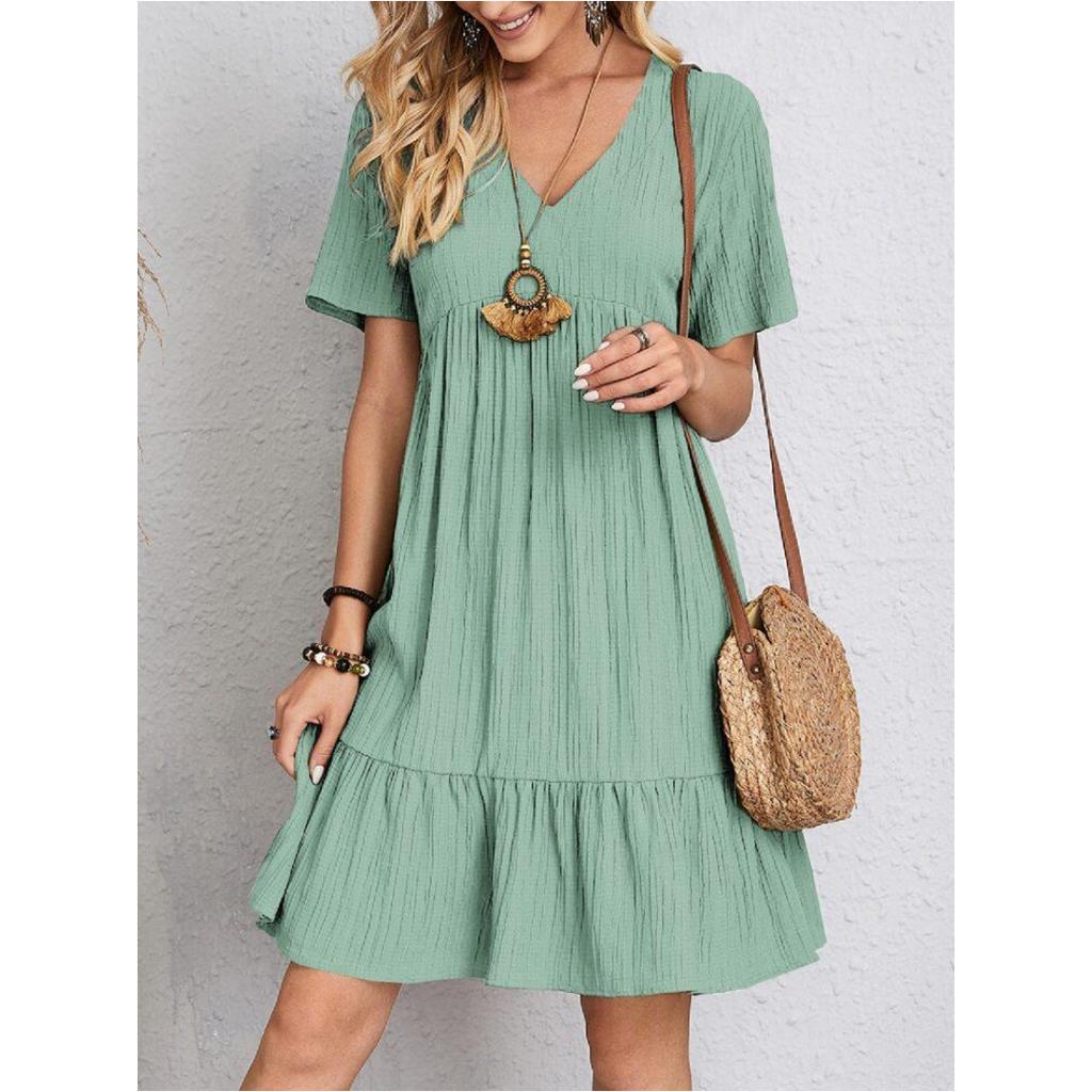 Women Vintage Mini Dresses Summer Solid Casual V Neck Ruffles Dress Ladies Boho Loose Beach Party Elegant Dresses