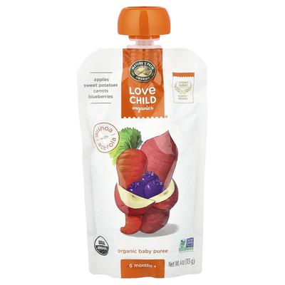 Love Child Organics, Organiczne Przecierki dla Niemowląt, 6+ Miesięcy, Jabłko, Batat, Marchewka, Jagoda, 4 oz (113 gramów)