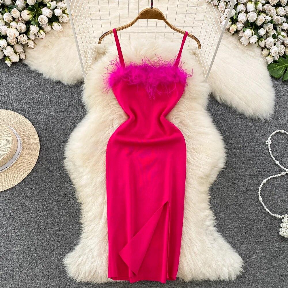 RUGOD France Sexy Knitted Club Dress Women Sleeveless Split Sundress Vintage Short Dress Feathers Montage Green Slim Dress
