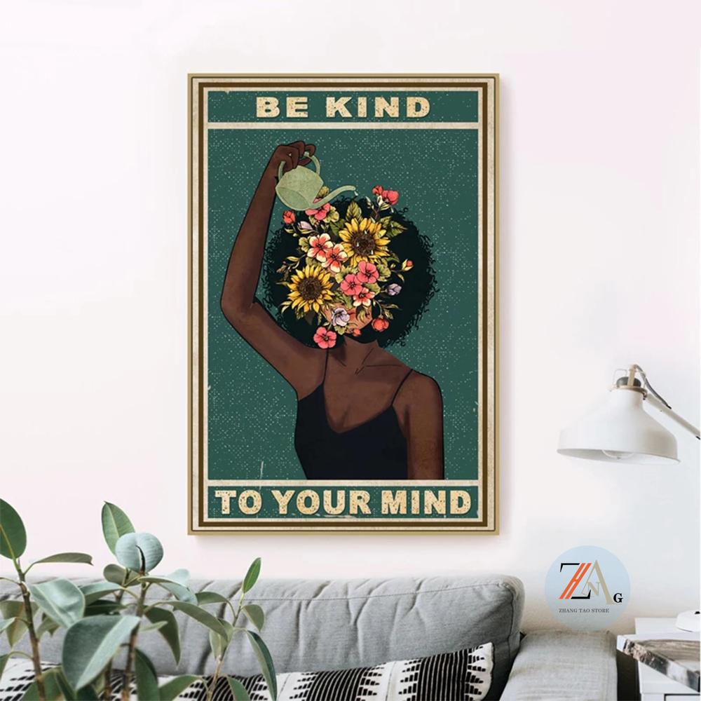Black Girl Mental Health Poster Mental Be Kind To Your Mind Positive Art Prints African Woman Vintage Canvas Painting Home Decor