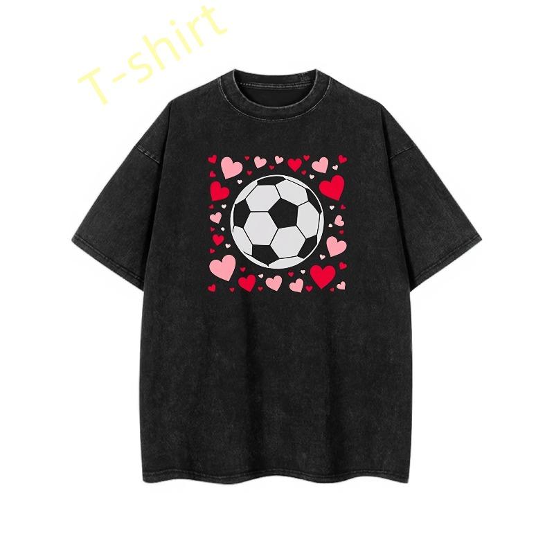 European Size Women'S & Men'S Black Soccer Heart Print T-Shirt | Short Sleeve, Round Neck, Casual Tee with Soccer