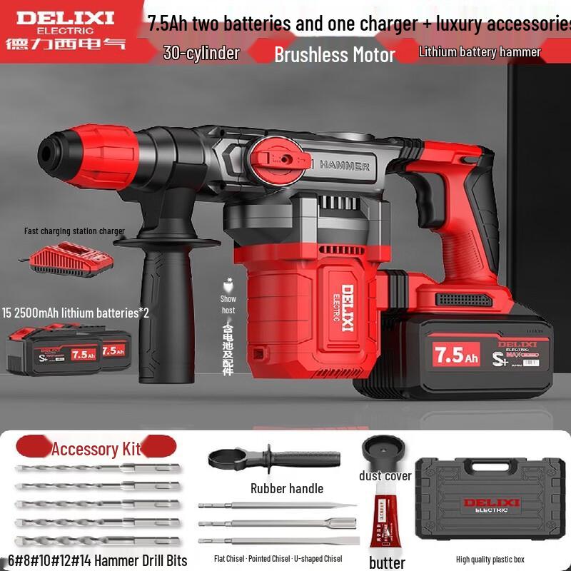 DELIXI Cordless Brushless Rotary Hammer & Chipping Drill CN Plug (adapter Included)