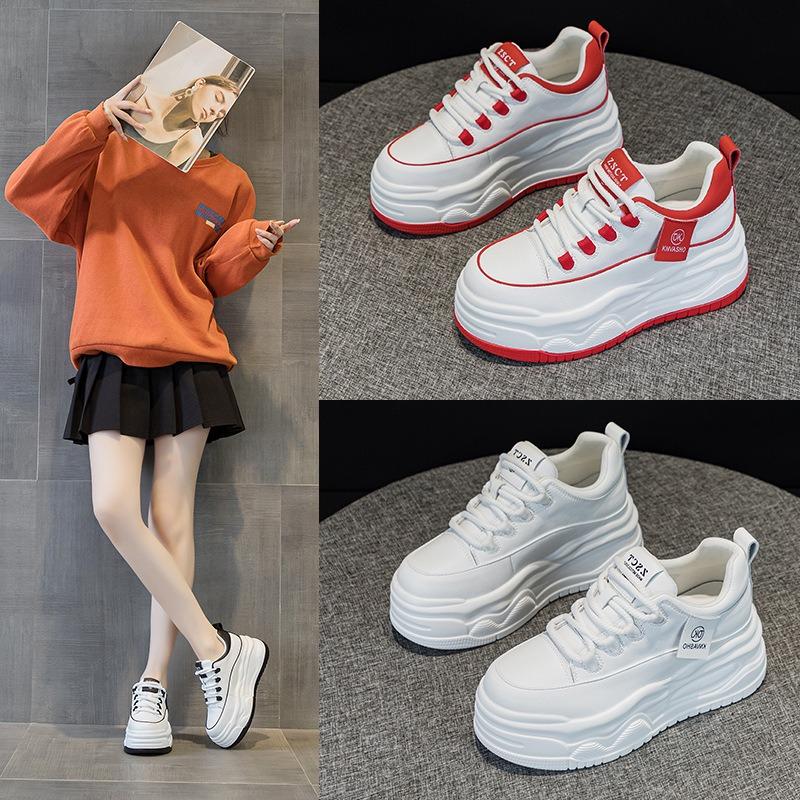 5603 spring new thick-soled cowhide little white shoes classic board shoes lace-up heightening casual shoes women