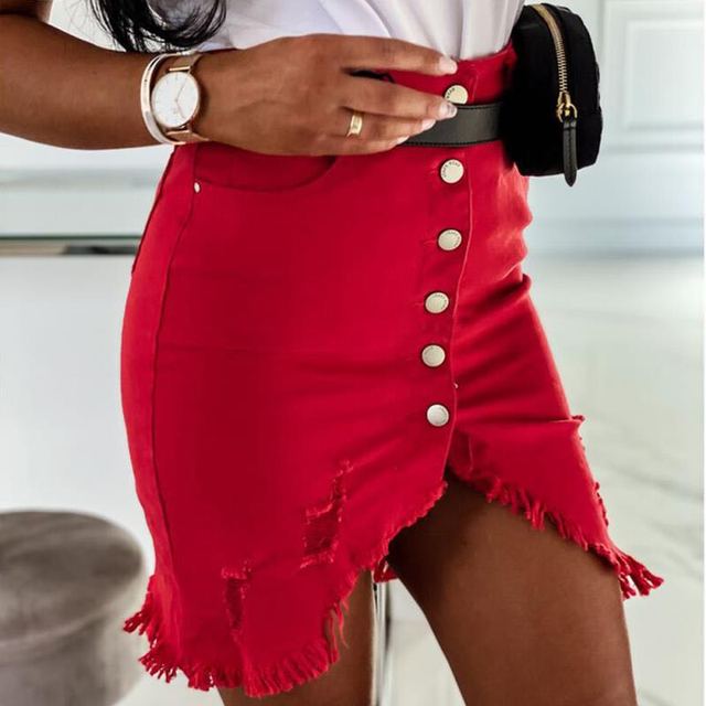 

Women Denim Skirt Single-breasted Brushed Decoration Irregular Hem Skirt Summer Clothing Streetwear Hollow Solid Color Bud Skirt L червоний