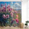 Impressionist Poppy Field Shower Curtain Pink Flowers Oil Painting Print Polyester Bath Curtain With Hooks For Floral Decor