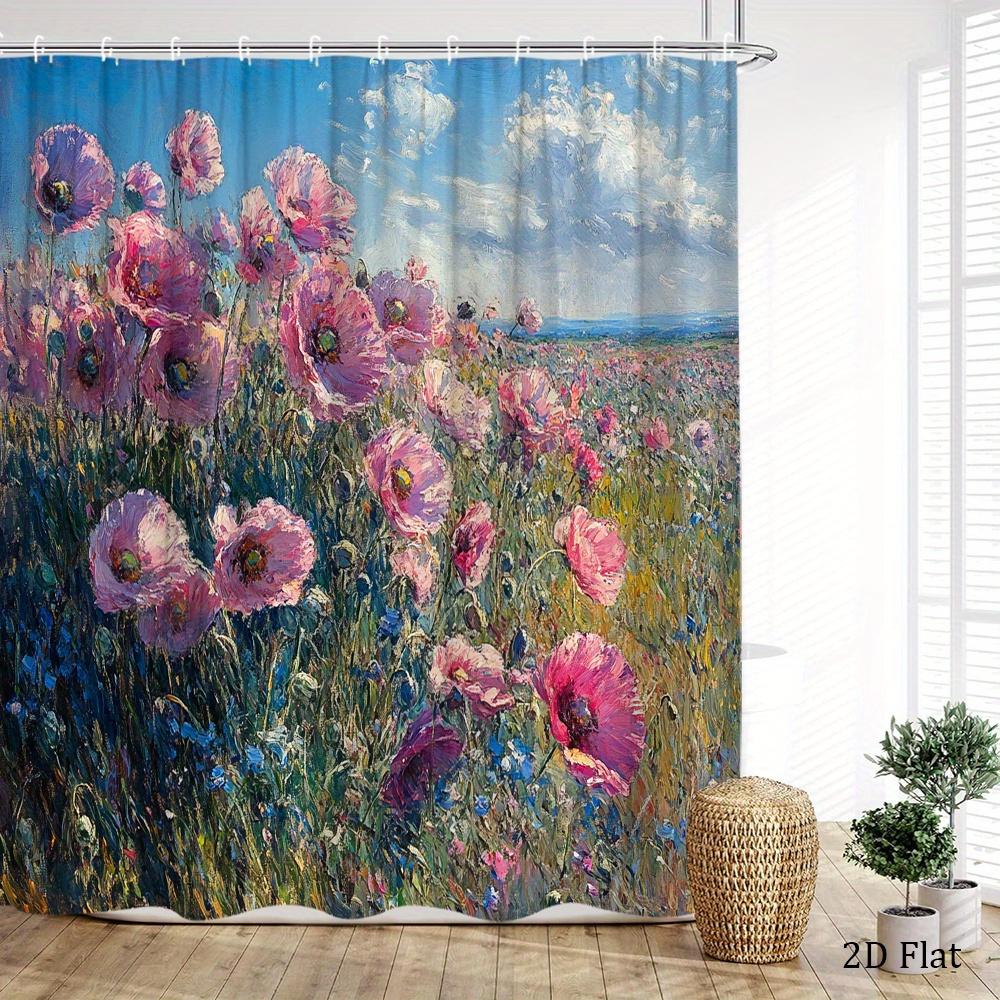 Impressionist Poppy Field Shower Curtain Pink Flowers Oil Painting Print Polyester Bath Curtain With Hooks For Floral Decor