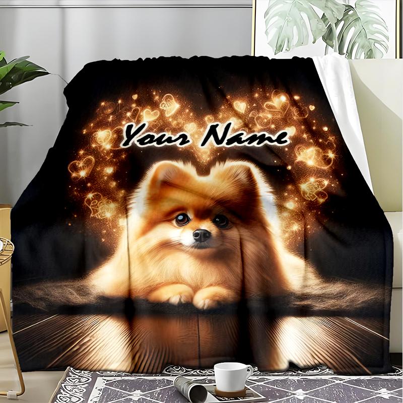 1PC Custom Name Heart Pomeranian outdooor Flannel blankets Throw Blanket All-Season Throw Gift Bedspread for Couch, Bed, Camping Holiday Birthda