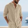 Men Stand Collar Linen Long Sleeve Shirt Single Pocket Roll Tab Cuff Casual Beach Top