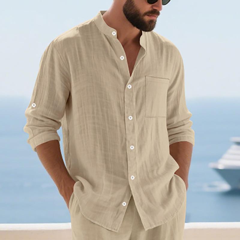 Men Stand Collar Linen Long Sleeve Shirt Single Pocket Roll Tab Cuff Casual Beach Top