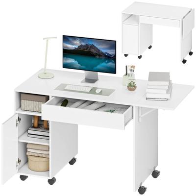 Rollable Computer Table Foldable Desk With Cabinet And Drawer Particle Board White
