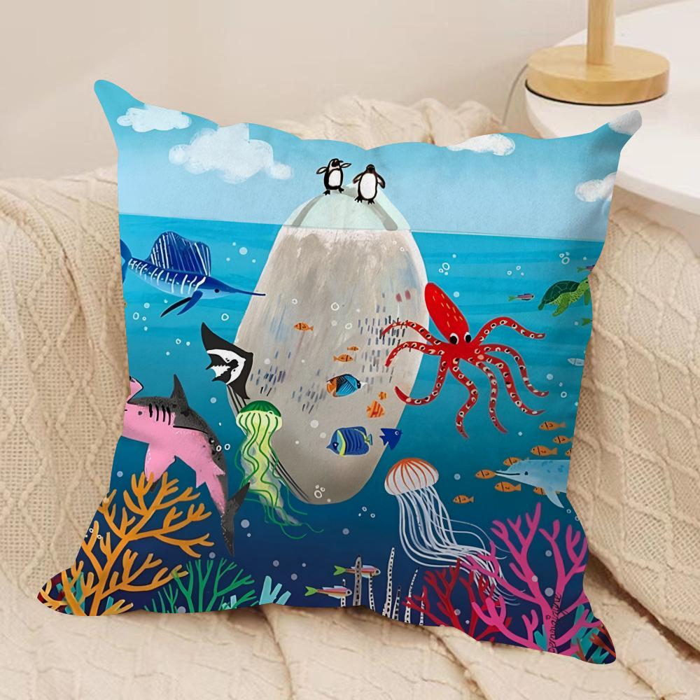 Marine Animals Summer Ins Cushion Cover Silky Short Plush Invisible Zipper Dustproof Sofa Pillow Case For Home Decor