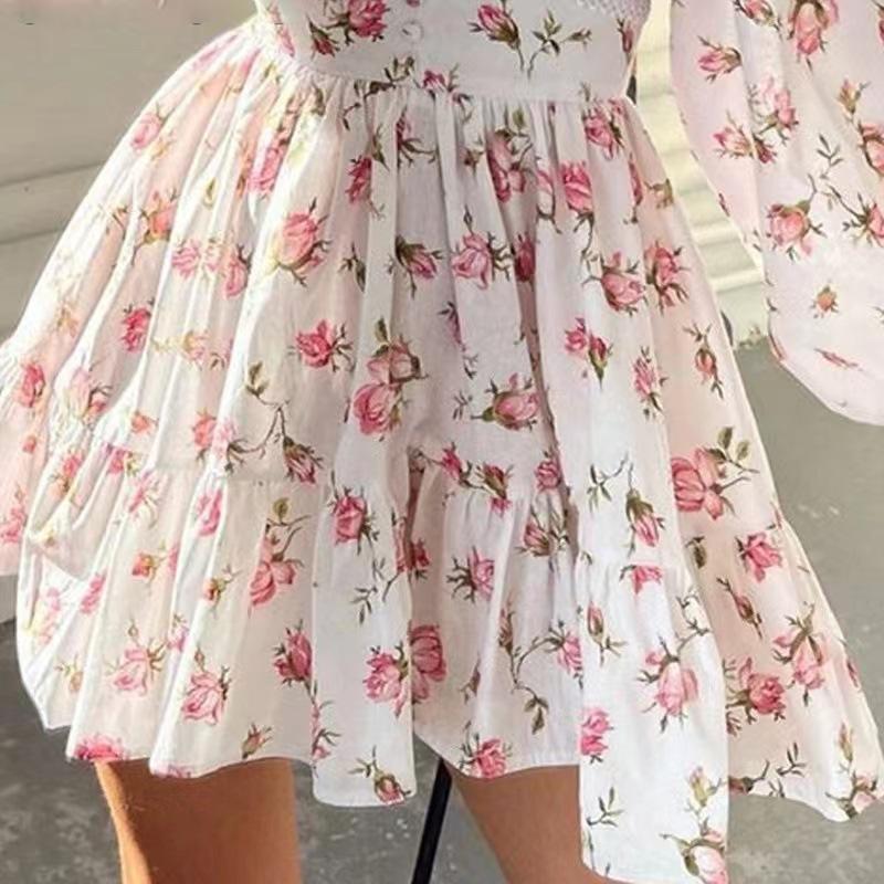 Spring Summer Women Floral Print Mini Dress High Waist A-Line Autumn Long Sleeve V-neck Dresses Vintage Beach Vacation Casual Vestidos