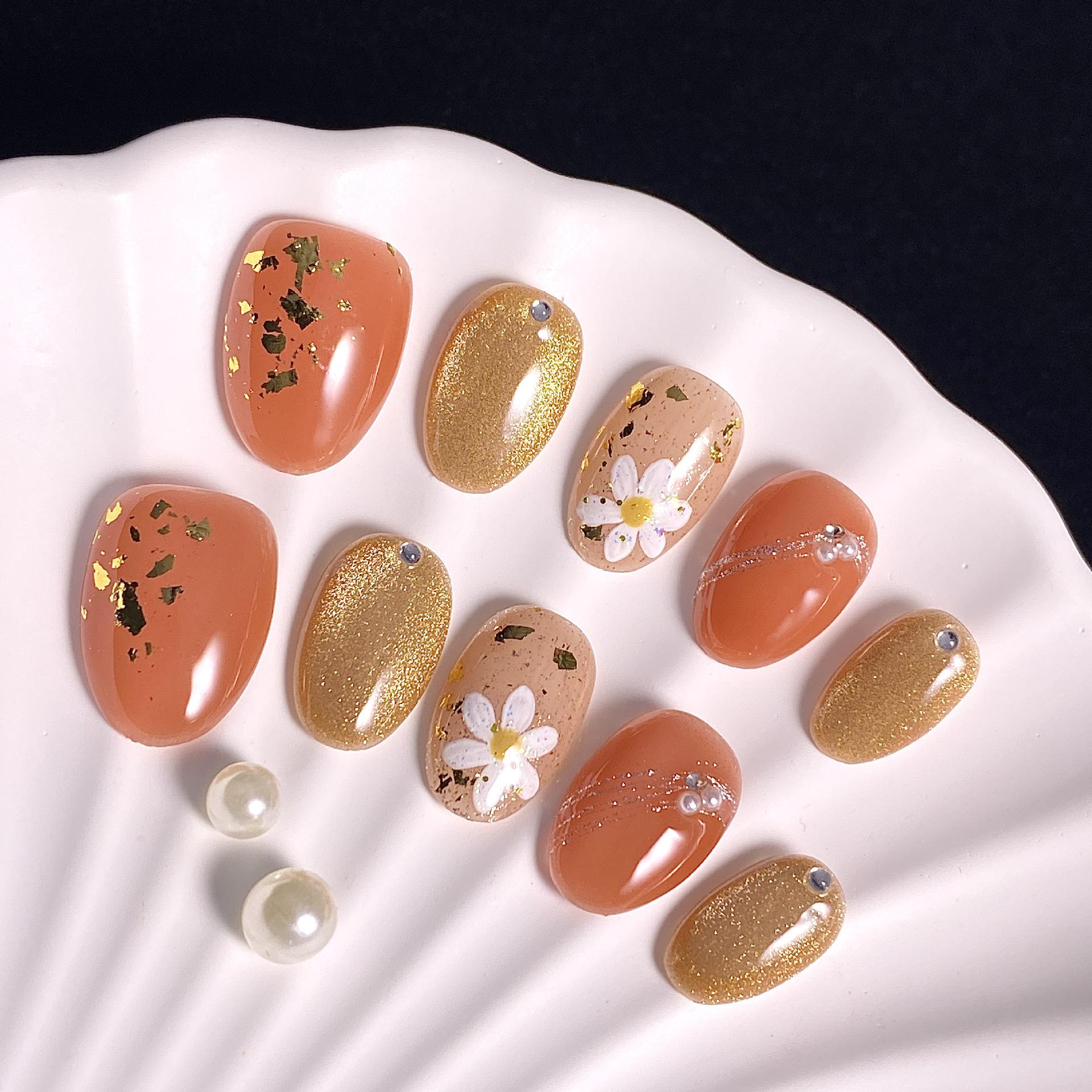 Short Oval Orange Daisy & Gold Foil Removable False Nails Extra Small