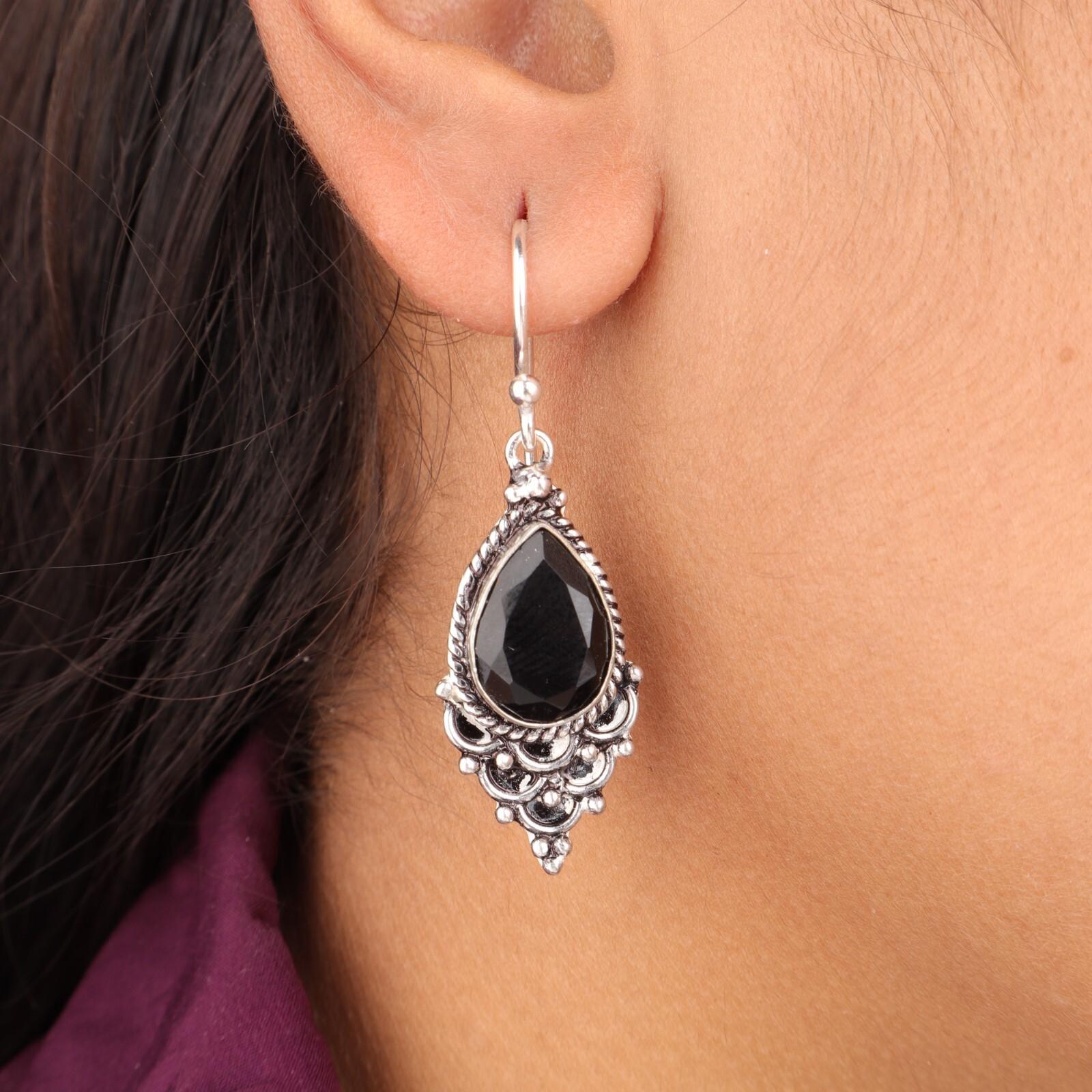 

Natural Black Onyx Gemstone 925 Sterling Silver Jewelry Handmade Earrings 1.9 EE-85-13