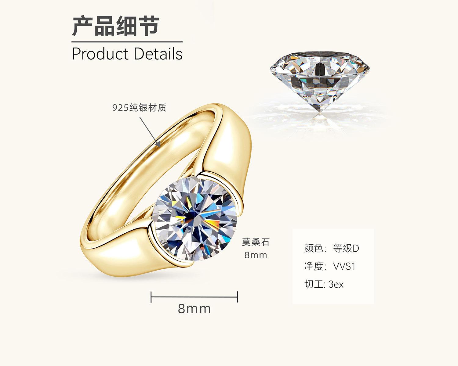 

Обручальное кольцо Silvere Glam A с 2-каратным муассанитом D-цвета для женщин с легким чувством роскоши и первоклассным дизайном, серебряное кольцо 925 пробы 7.5 US золотистый