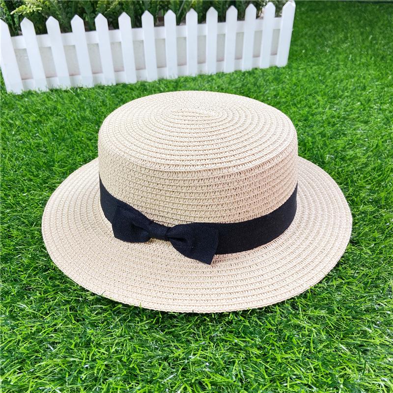 Korean Style Women's Straw Sun Hat with Flat Brim and Bow – Trendy Summer Beach Hat for Sun Protection