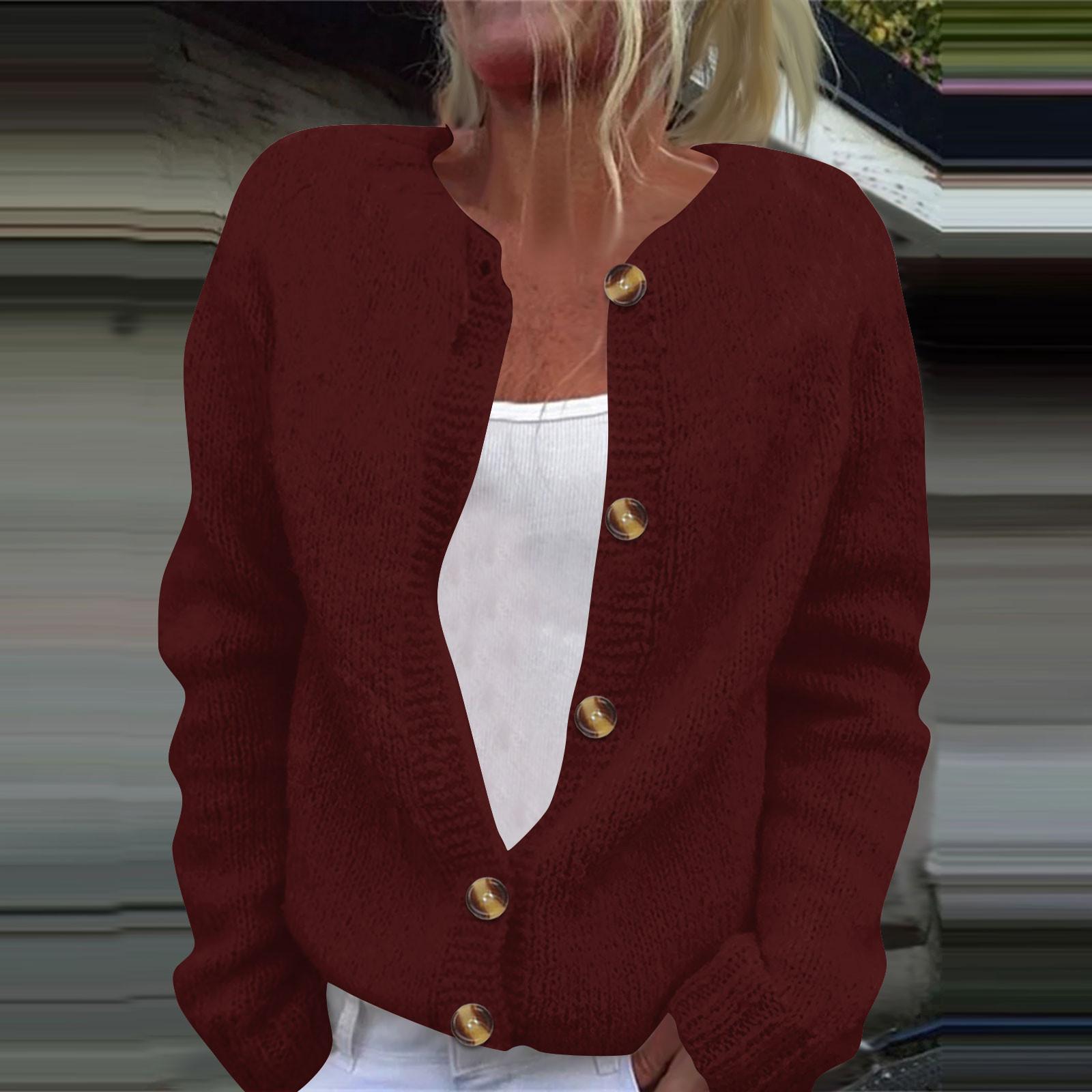 

Женская мода однотонный длинный рукав вязаный кардиган куртка на пуговицах XXXL винный