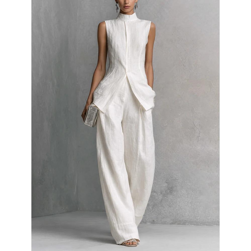 Europe, America, drape cotton and linen shirt solid color fashion temperament sleeveless trousers suit