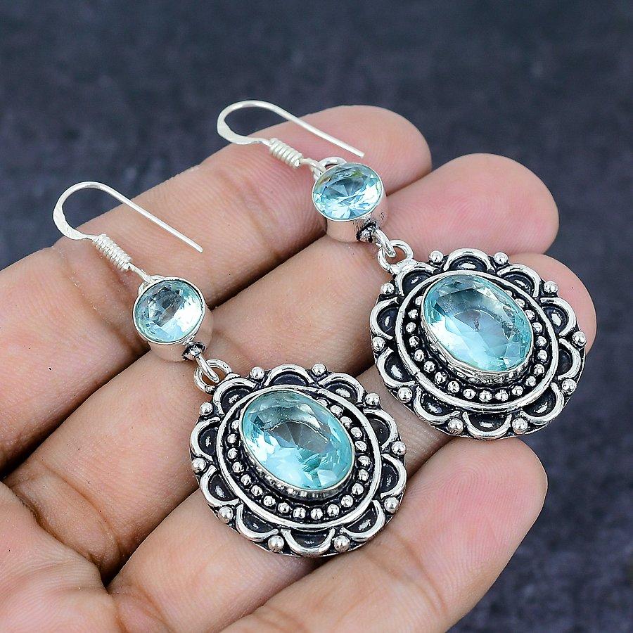 Natürlicher Schweizer Blautopas Edelstein 925 Sterlingsilber Ohrring 2.36" G7A04