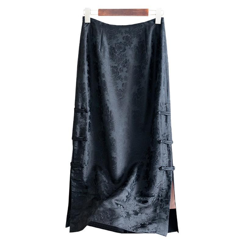 2026 Spring/Summer Women's Black Silk Midi Skirt - Chinese National Style, Jacquard A-line with Slit