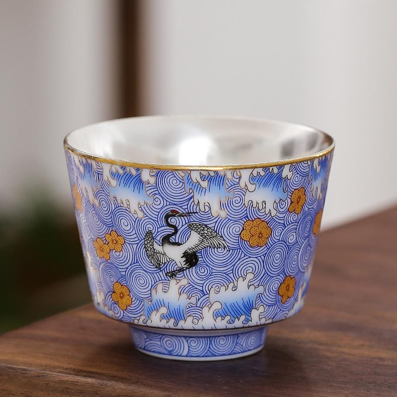 NEW Enamel Color 999 Pure Silver Inner Liner Ruihe Kung Fu Tea Master Cup Home Set Gift Box