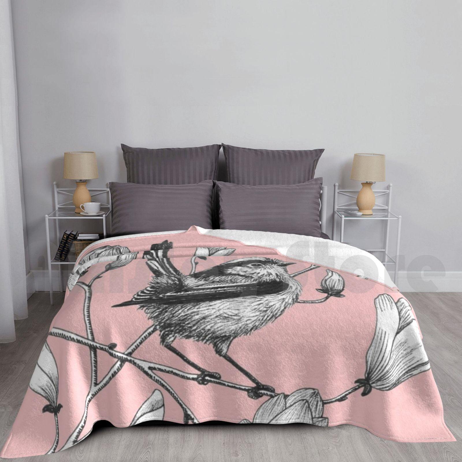 Blanket Long Tailed Tit On Magnolia Tree 2434 Bird Tailed Tit Aviary Black And White Ink Size: 75*100cm, Weight: 230 GSM