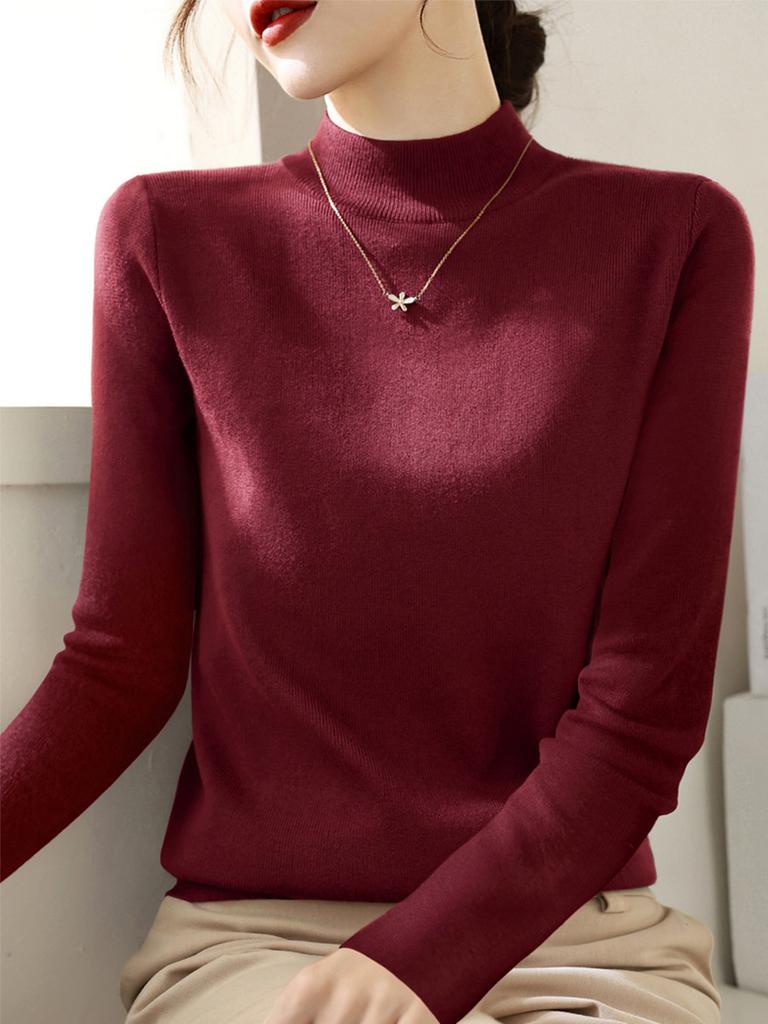 Women Mock Neck Knit Sweater Solid Color Long Sleeve Slim Fit Pullover Basic Layering Jumper Autumn Winter 2025