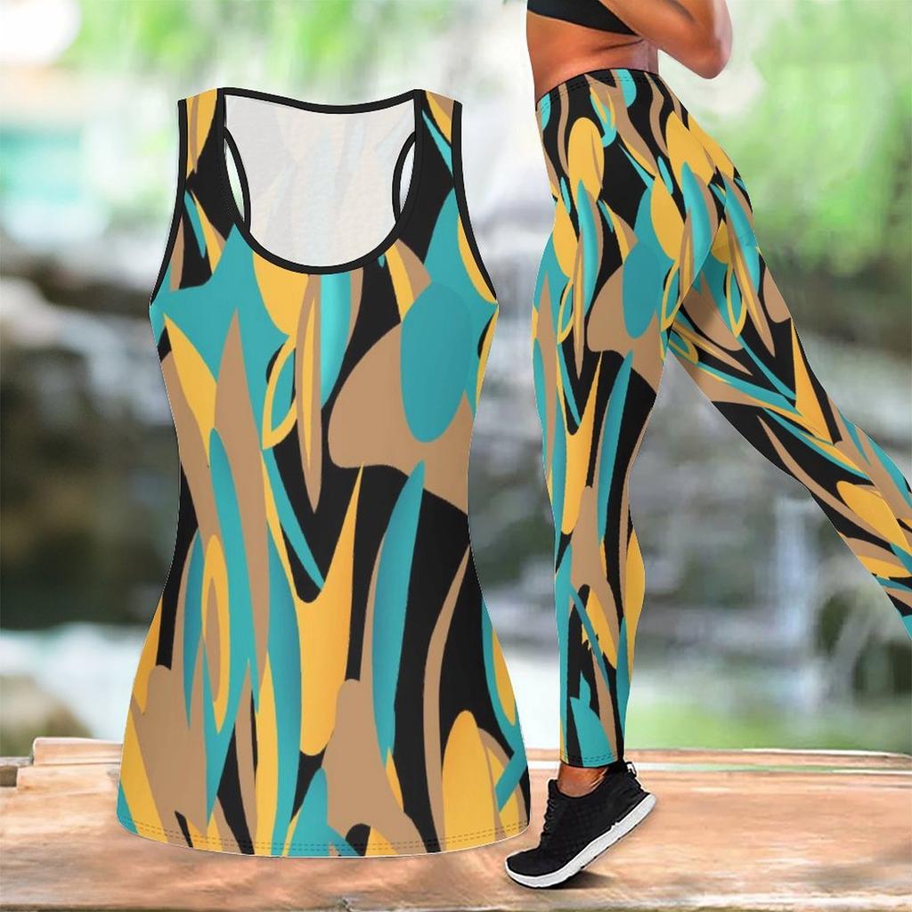 Leopard Print and GeometryPattern Print Yoga Outfit for Women Fashion Workout Leggings Fitness Sports Casual Yoga Set Sports Suit