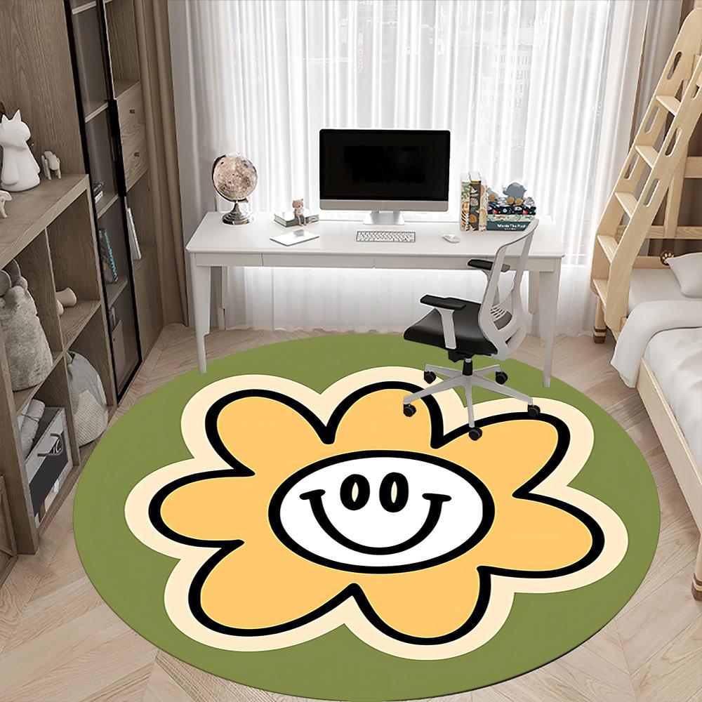 1pc Flower Happy Office Round Area Rug, Under Office Chairs Bedroom Living Room Home Decor, Room Deco, Available In Various Sizes