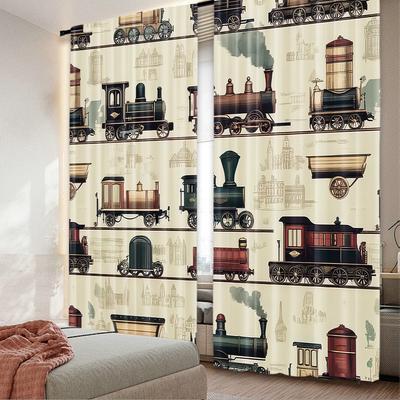 2pcs 2D Flat Printing Happy Christmas Fashion Curtains Vintage Trains Durable Polyester Fiber Party Decorations Perfect for