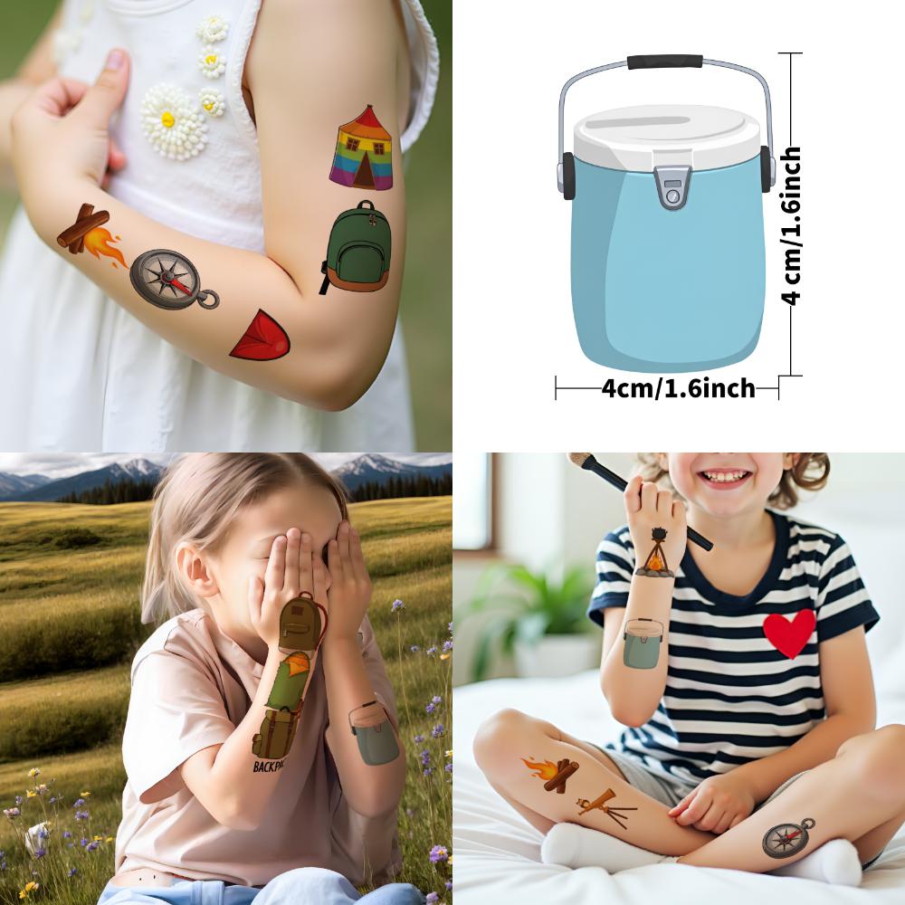 63pcs Temporary Tattoo Campfire Lantern Cartoon Camp Tent Backpack Waterproof Long-lasting Body Stickers For Cheeks Shoulders