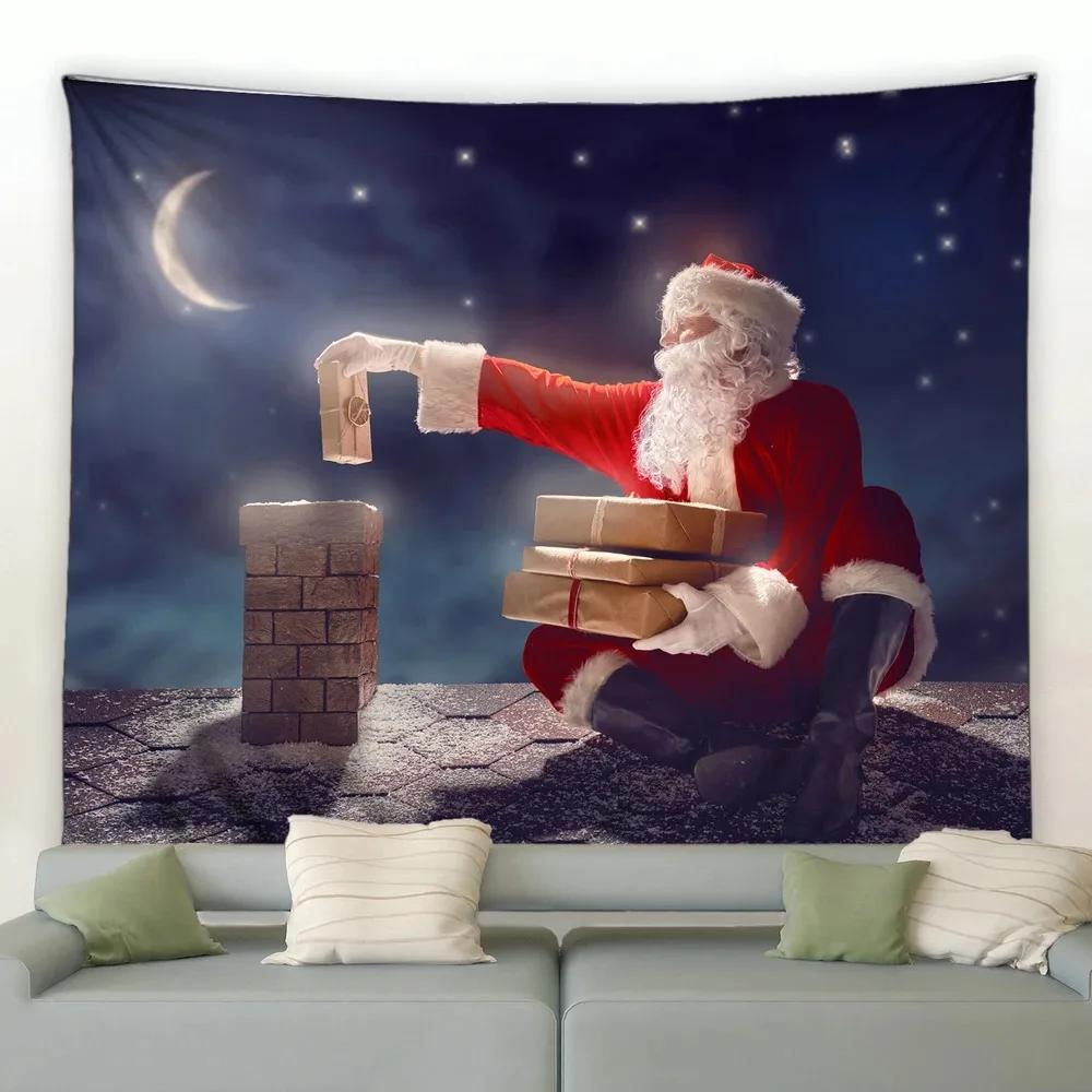 Christmas Tree Sleigh Cabin Snowman Tapestry Bedroom Living Room Home Christmas Decoration Tapestry
