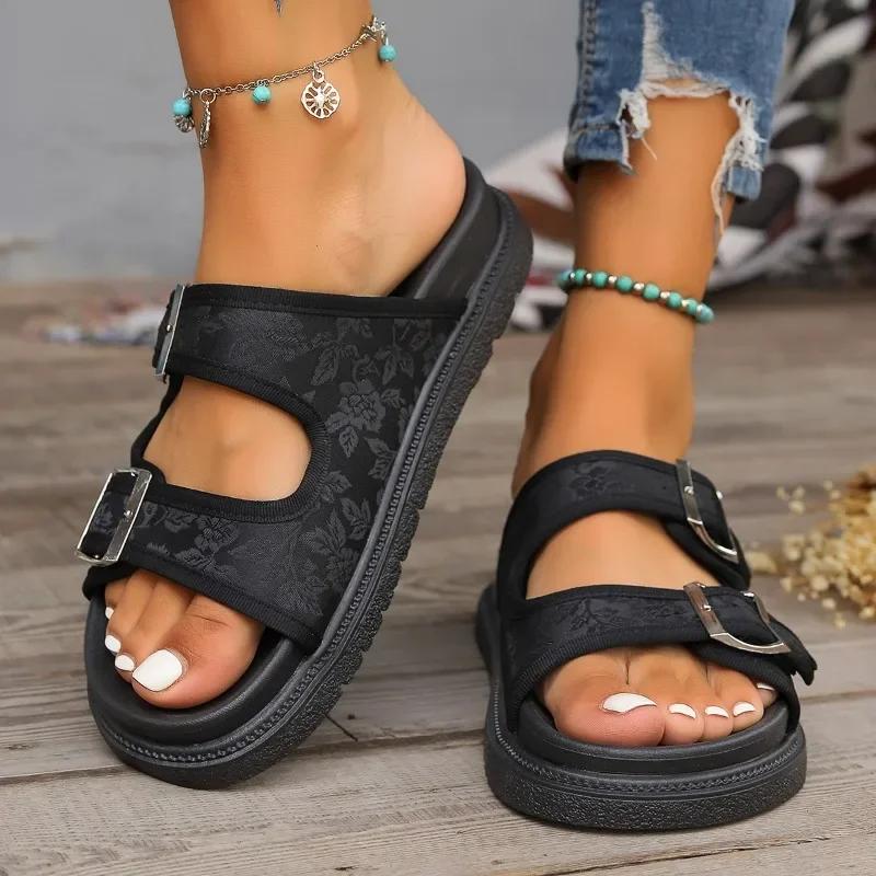 Fashion Summer Fashion Women's Shoes 2024 High Quality Women's Slippers Open Toe Mid Heel Buckle Color Block Pattern Women's Slippers