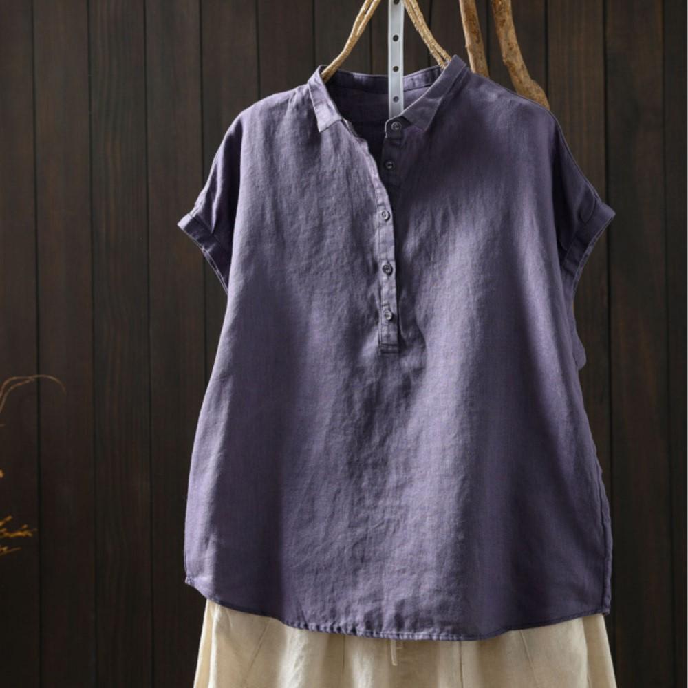 Johnature Women Vintage Shirts Summer Chinese Style Solid Color Sleeveless Turn-down Collar Button Casual Shirts