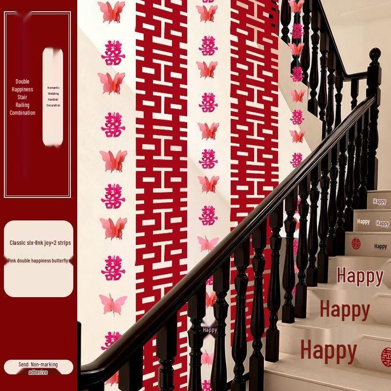 Double Happiness Stair Decor: Rustic Wedding Handrail & Wall Garland Set
