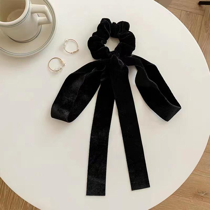 Mode Vintage Schwarze Samt Schleife Haarband Scrunchie für Damen Mädchen Langes Elastisches Haargummi Kopfschmuck Weibliches Haarzubehör