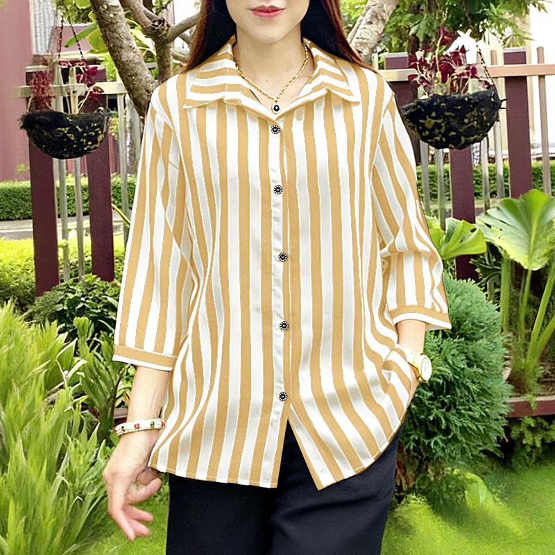 ZANZEA Women Casual Turn Down Collar 3/4 Sleeve Loose Stripe Blouse