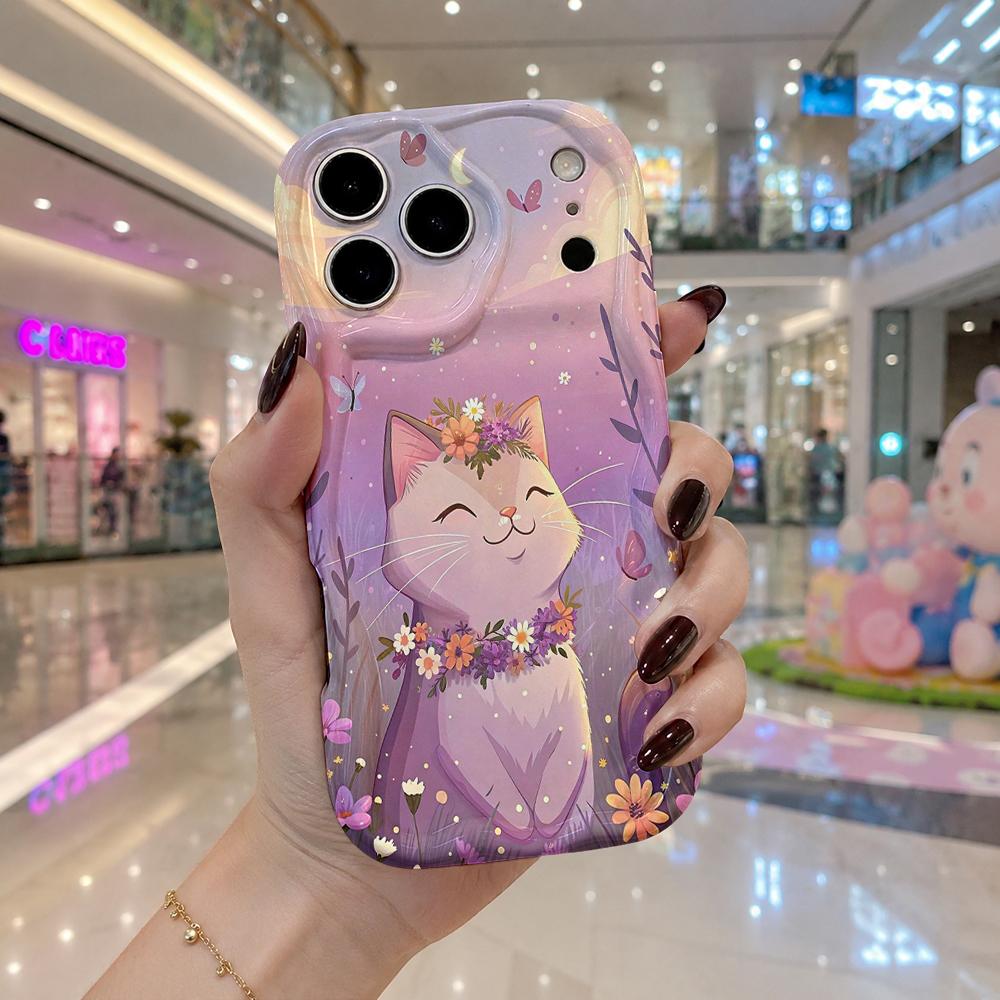 Purple Gradient Flower Cat Wavy Edge Phone Case For iPhone 16 15 14 Pro Max 13 12 11 Mini XR XS SE 2020 7 8 Plus Air